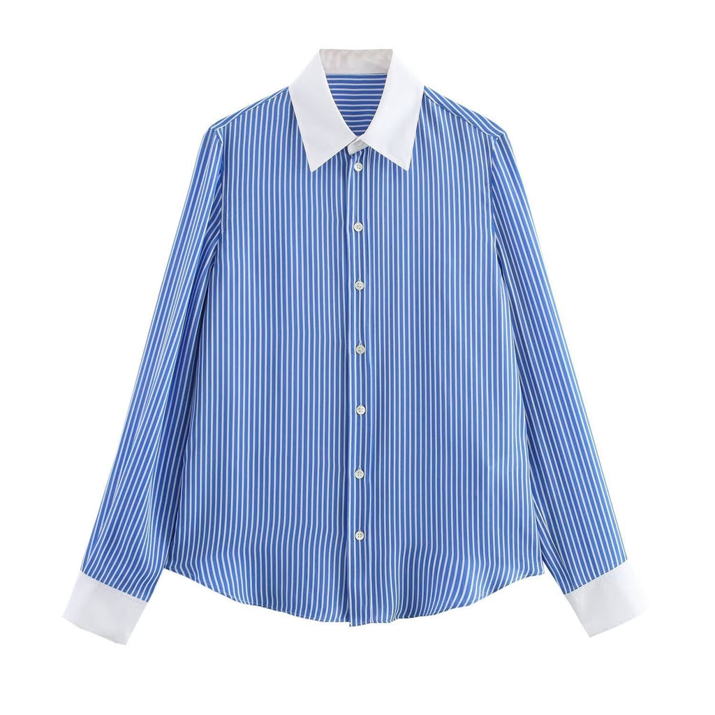 GR | Modische Blau Weiß Gestreifte Revers Vielseitige Bluse