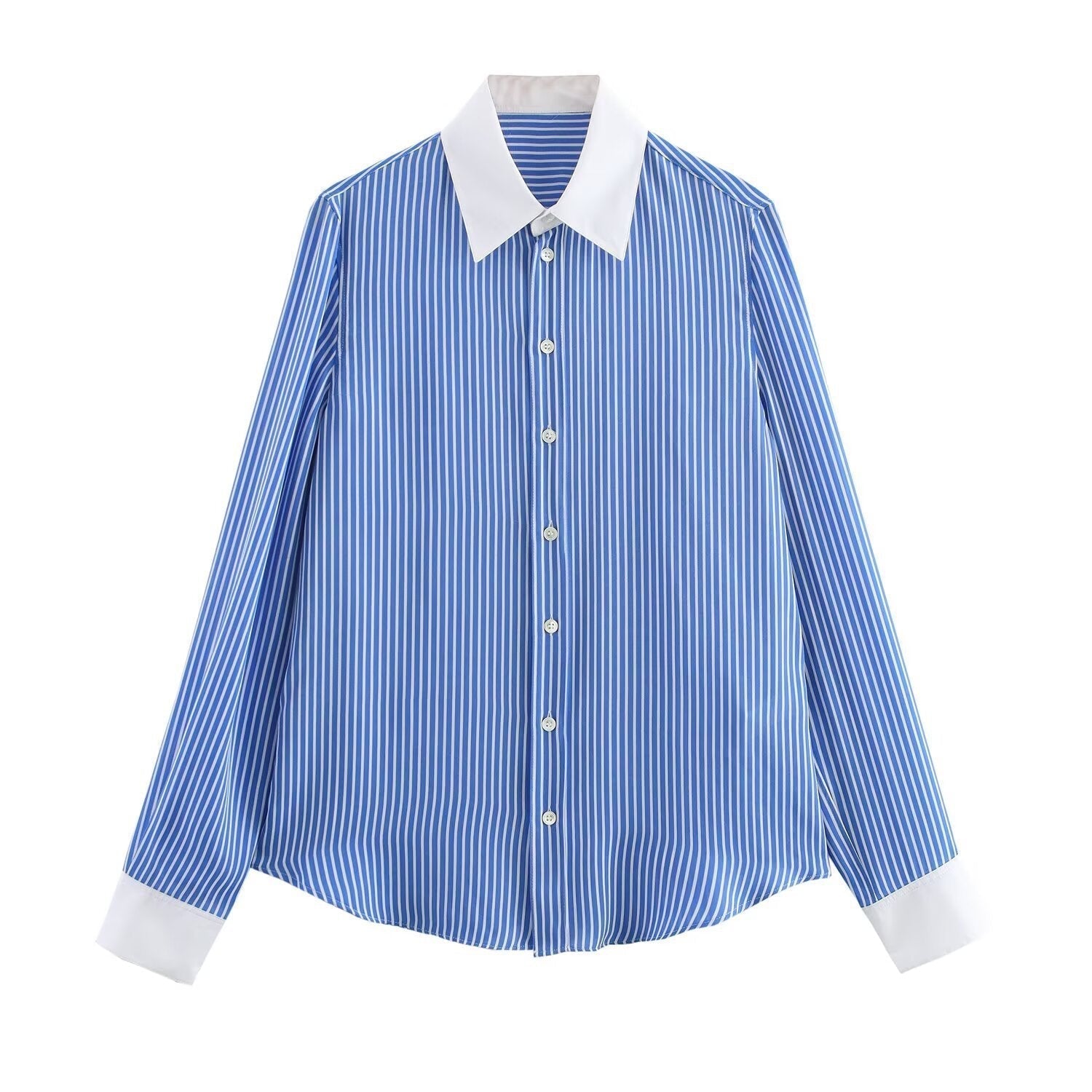 GR | Modische Blau Weiß Gestreifte Revers Vielseitige Bluse
