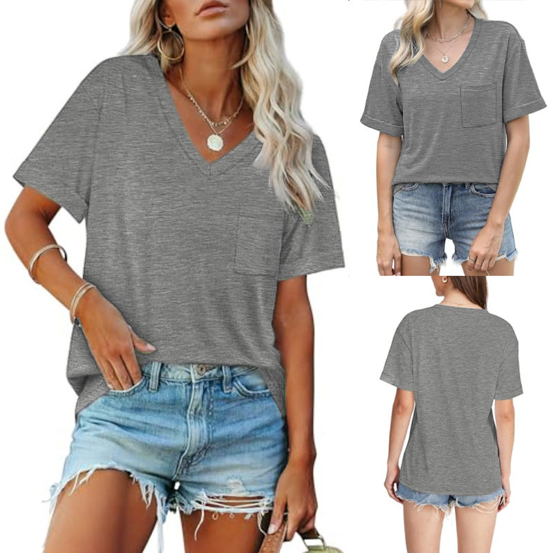 Damen V-Ausschnitt T-Shirt mit Taschen und lässiger Passform GR