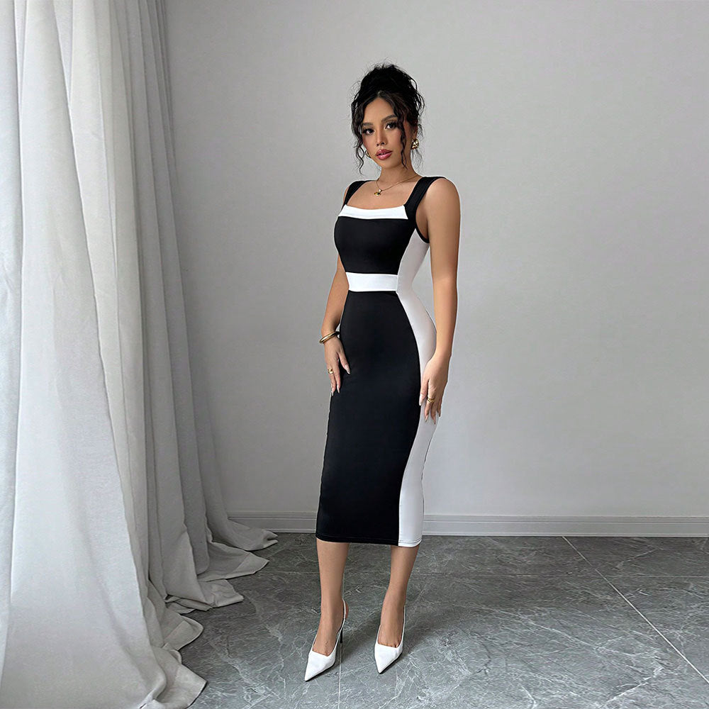 Women's figure-hugging midi dress with elegant color contrast and chic neckline, size [size missing]