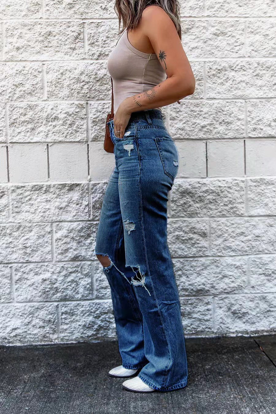 GR | Women's High Waist Ripped Wide Leg Jeans