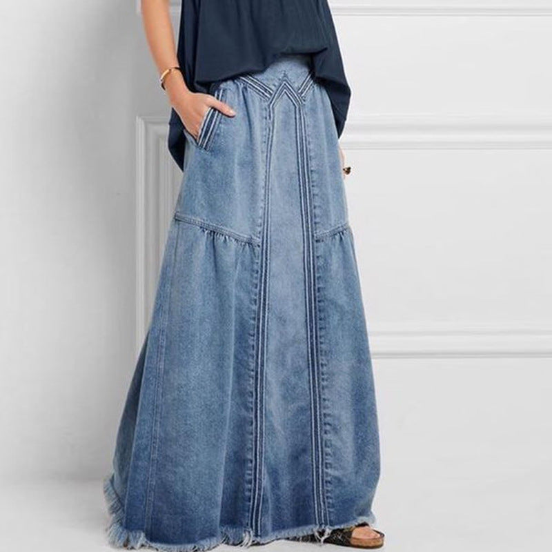 GR | Damenweite Schößchen Genähte Denim Maxirock