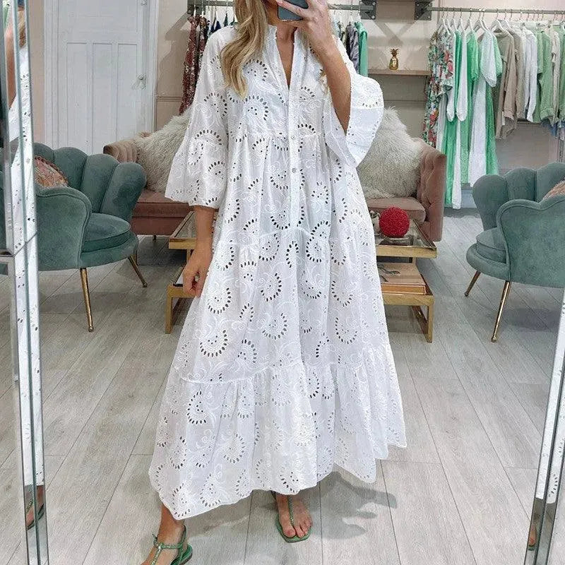 GR | Women's full-length V-neck dress in French style