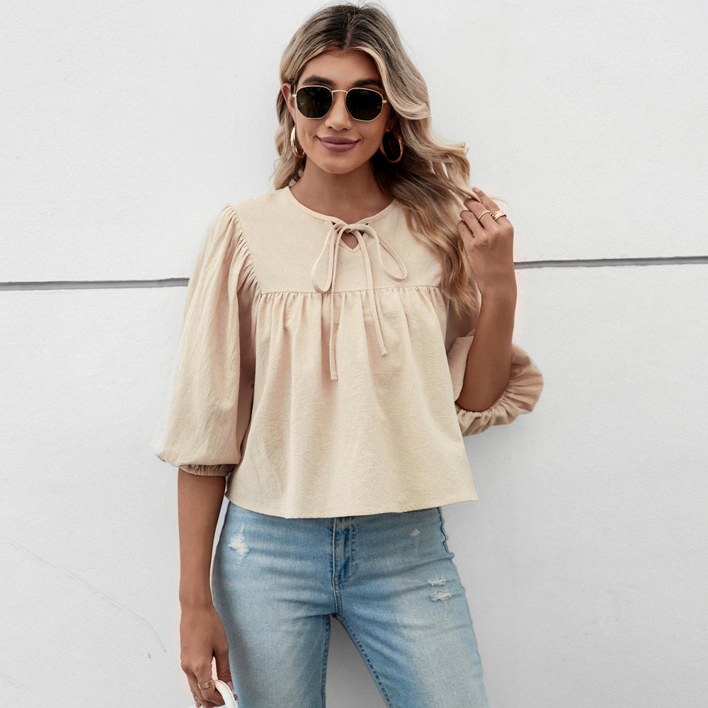 Damen Blusenshirt mit eleganten Puffärmeln und schickem Kordelzug GR
