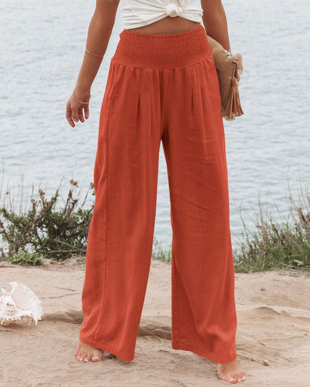 Damen Weite Leinenhose mit elastischem Bund und Falten GR