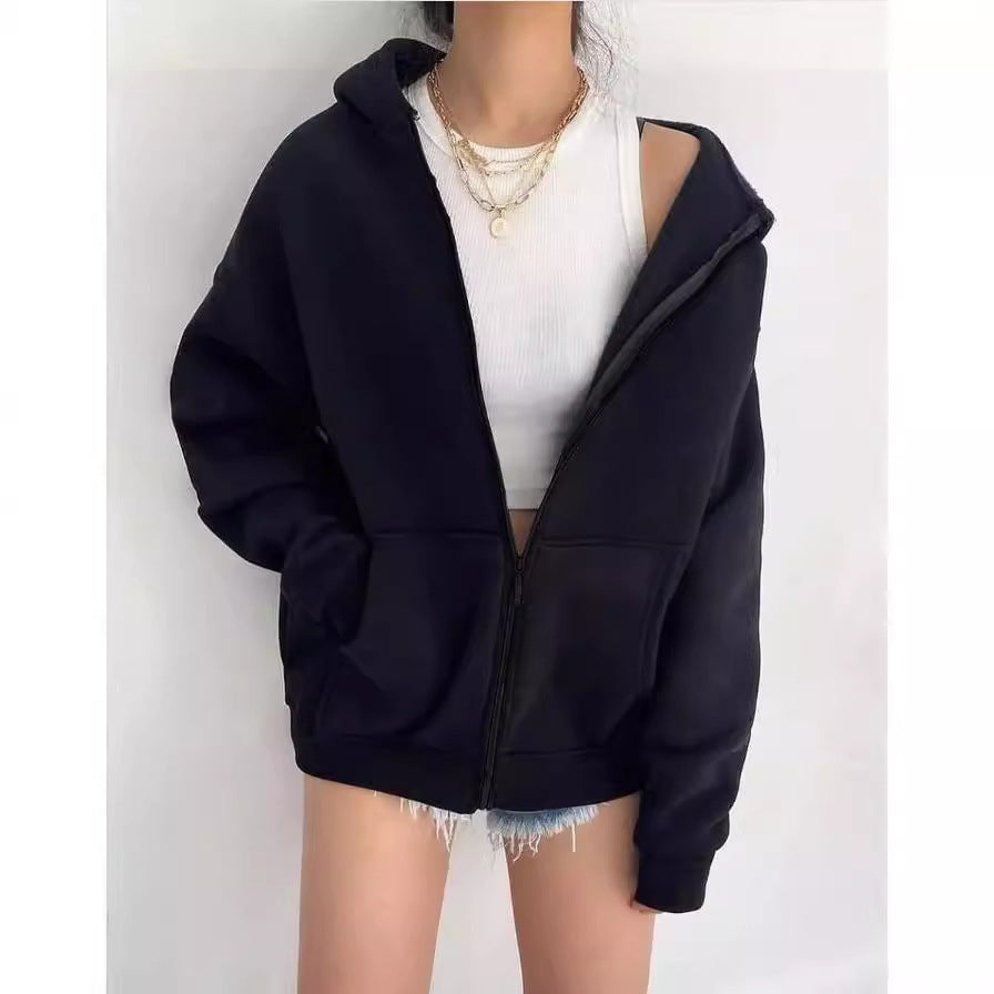 Damen oversized Kapuzenpullover mit Reißverschluss und praktischen Taschen GR