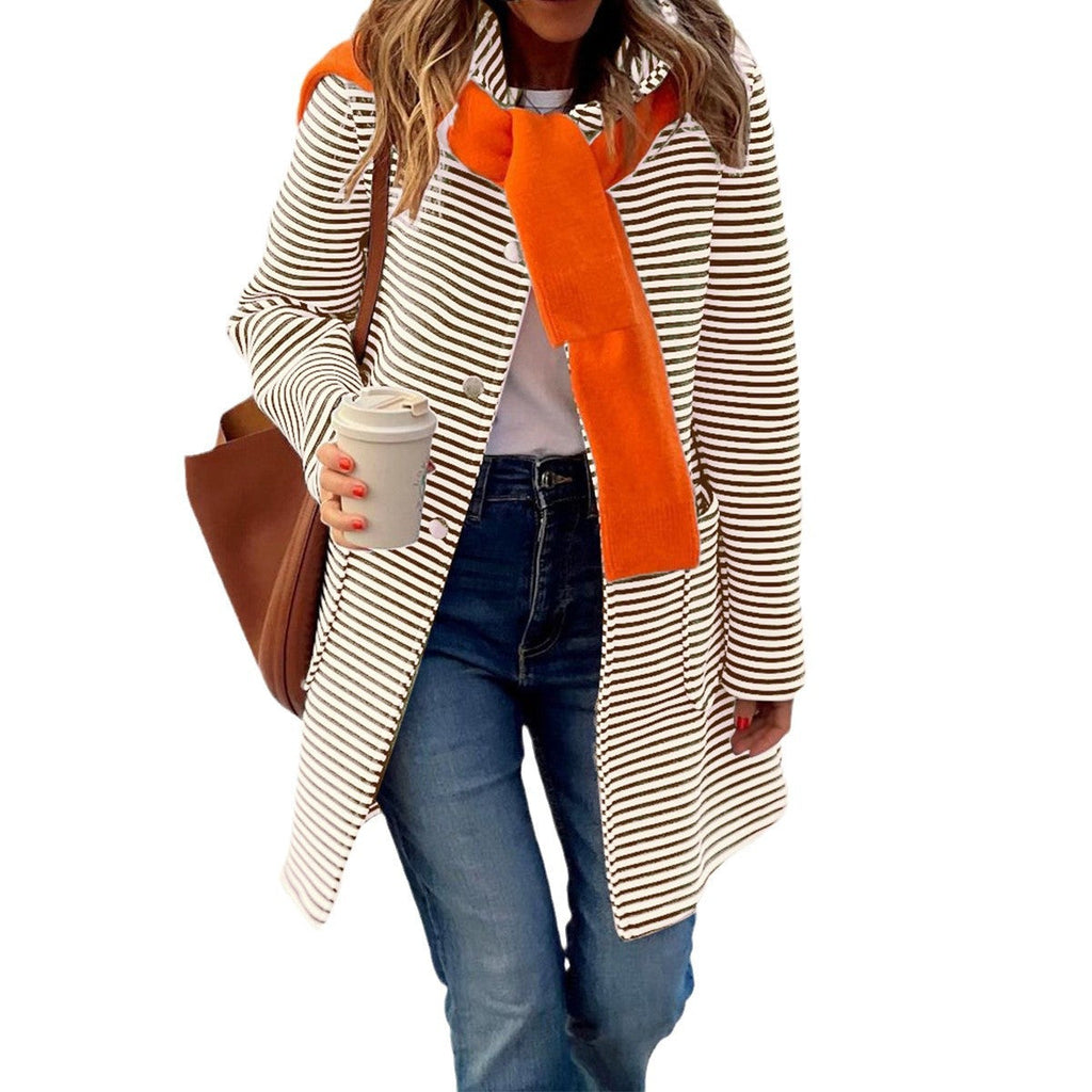 Women's striped trench coat with fashionable scarf and high functionality, size S