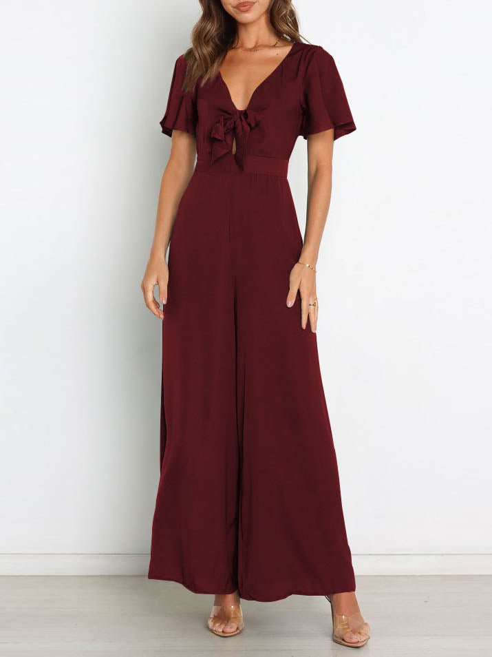 GR | Short-sleeved wide-leg casual V-neck jumpsuit