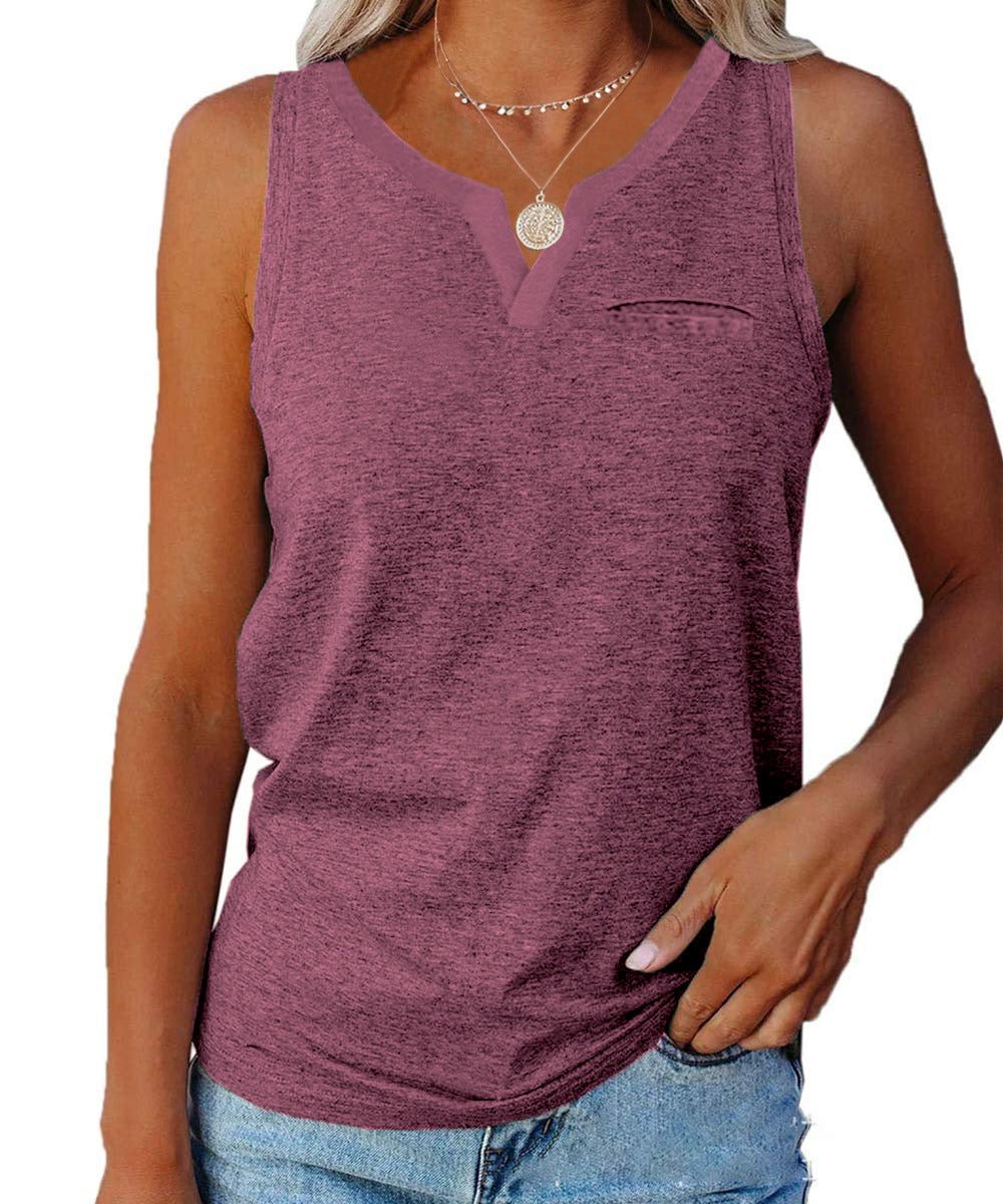 Women's sleeveless V-neck top with chest pocket and relaxed fit, size S