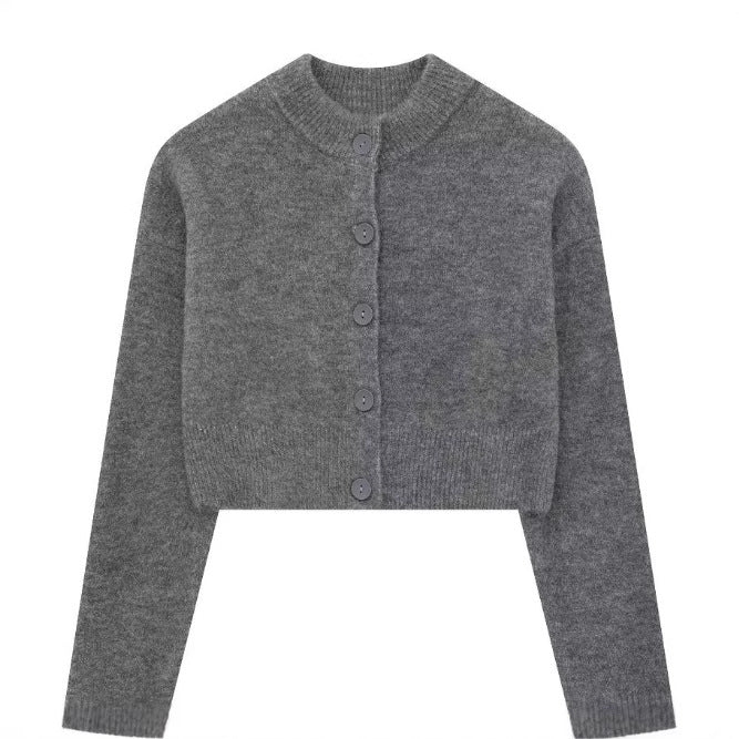 Women's short cardigan with button placket and elegant round neckline, size