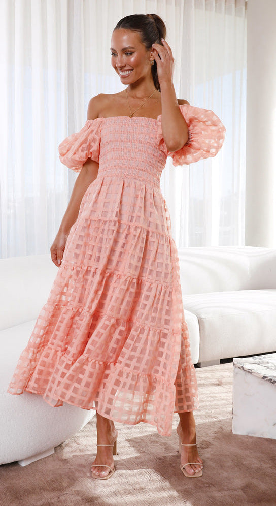 GR | Women's dress with a single neck, lantern sleeves, layered seams