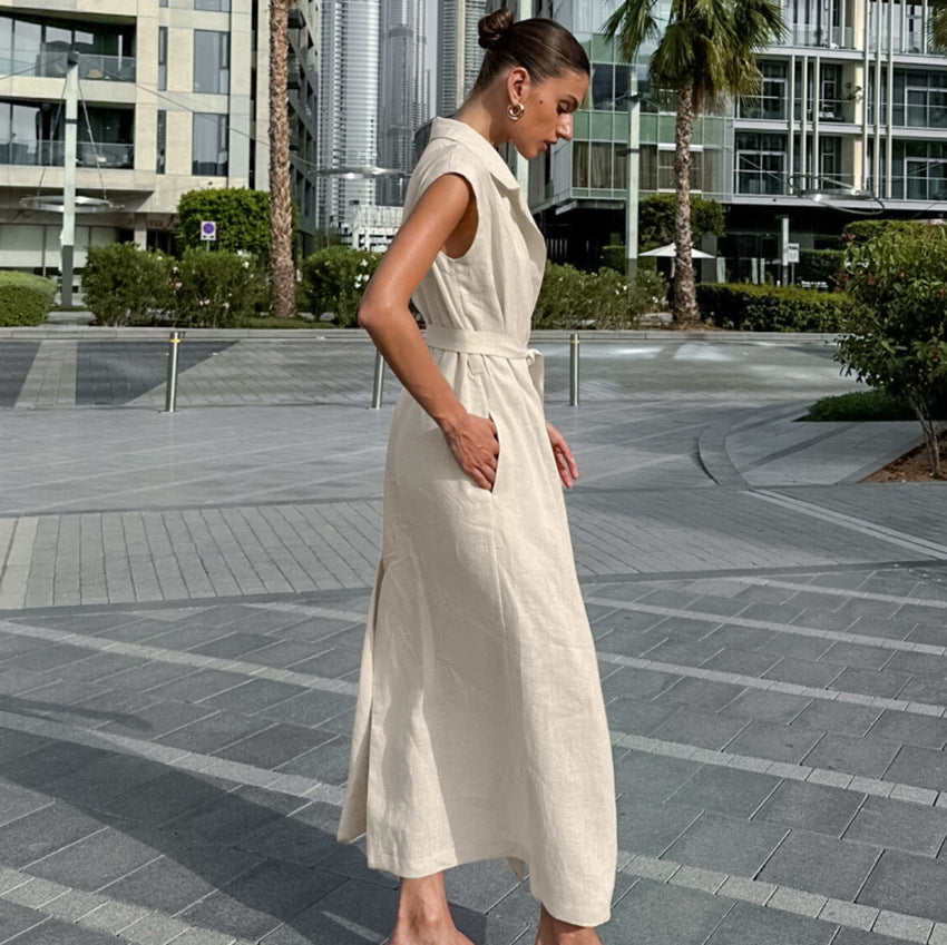 GR | Lange Kleid Baumwoll Leinen Mischung Hohe Taille Wickel Ärmelloses Kragenförmiges Design