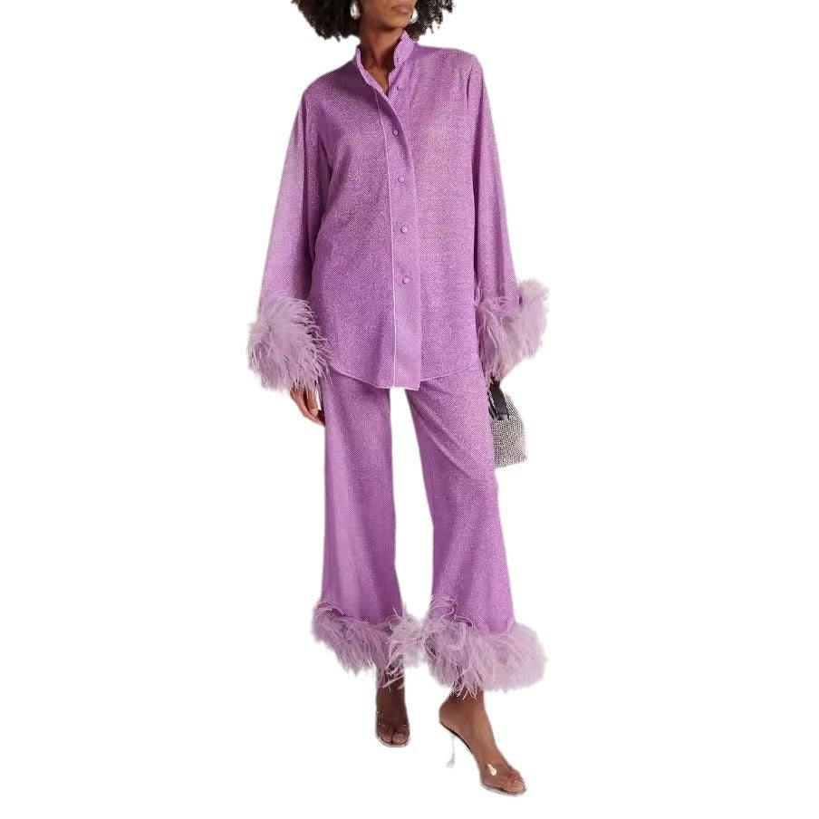 GR | Autumn Winter Feather Stand-up Collar Long Sleeve Top and Trousers Set 