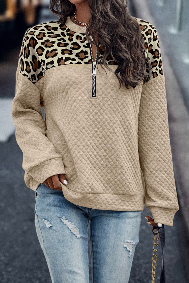GR Leopardenmuster Patchwork Reißverschluss Pullover Sweatshirt