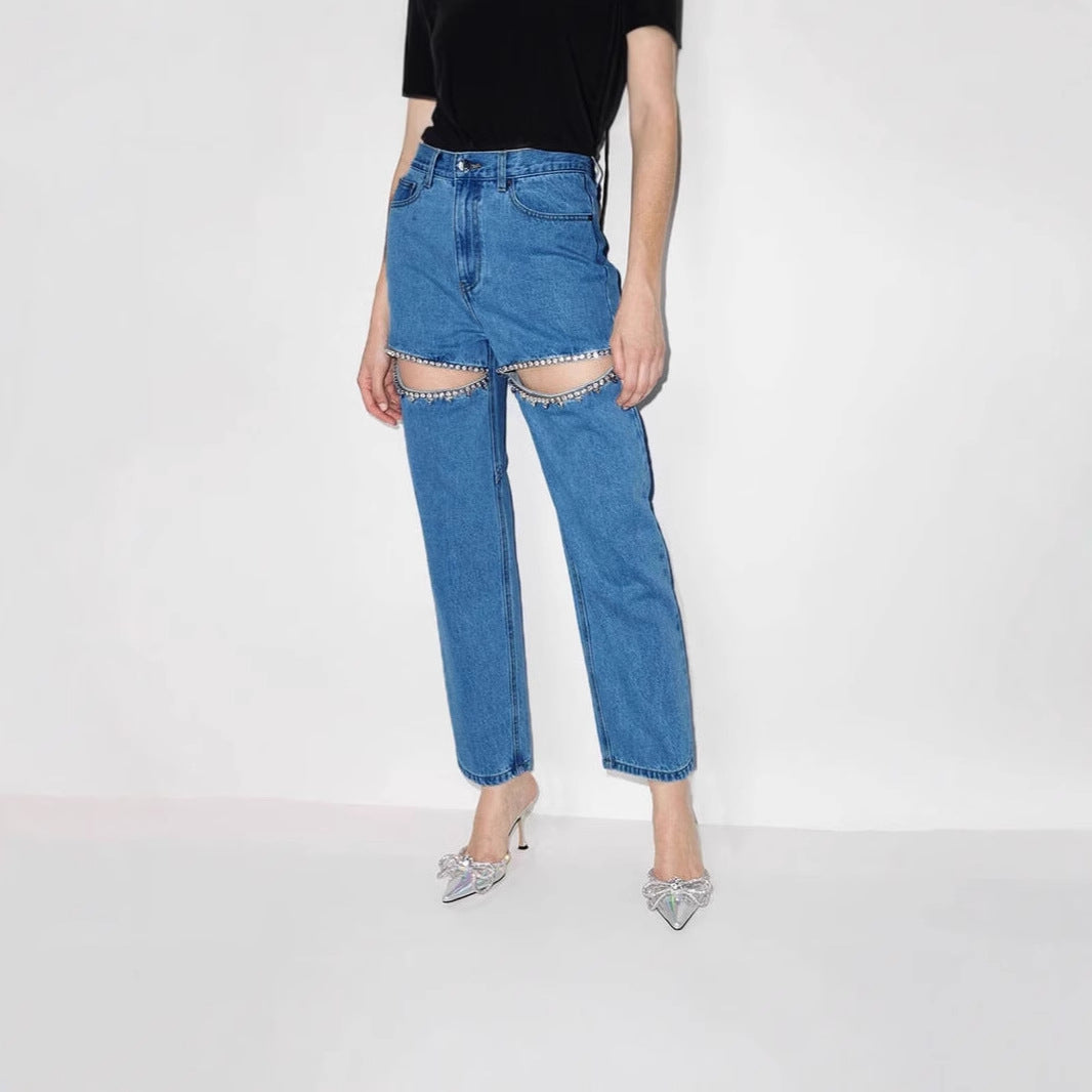 Women's jeans with cut-outs and sparkling details, size GR