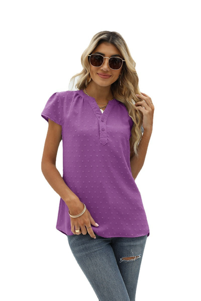 GR | Jacquard Chiffon Loose V-Neck Short Sleeve Top