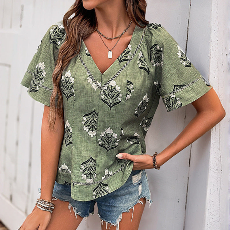 Damen Bluse mit floralem Print und V-Ausschnitt GR