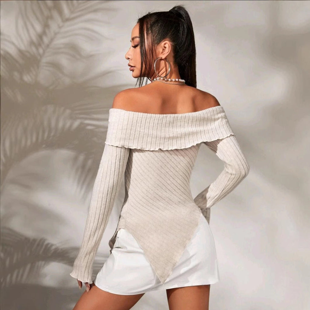 Women's off-the-shoulder ribbed knit top with asymmetrical hem and decorative details, size GR