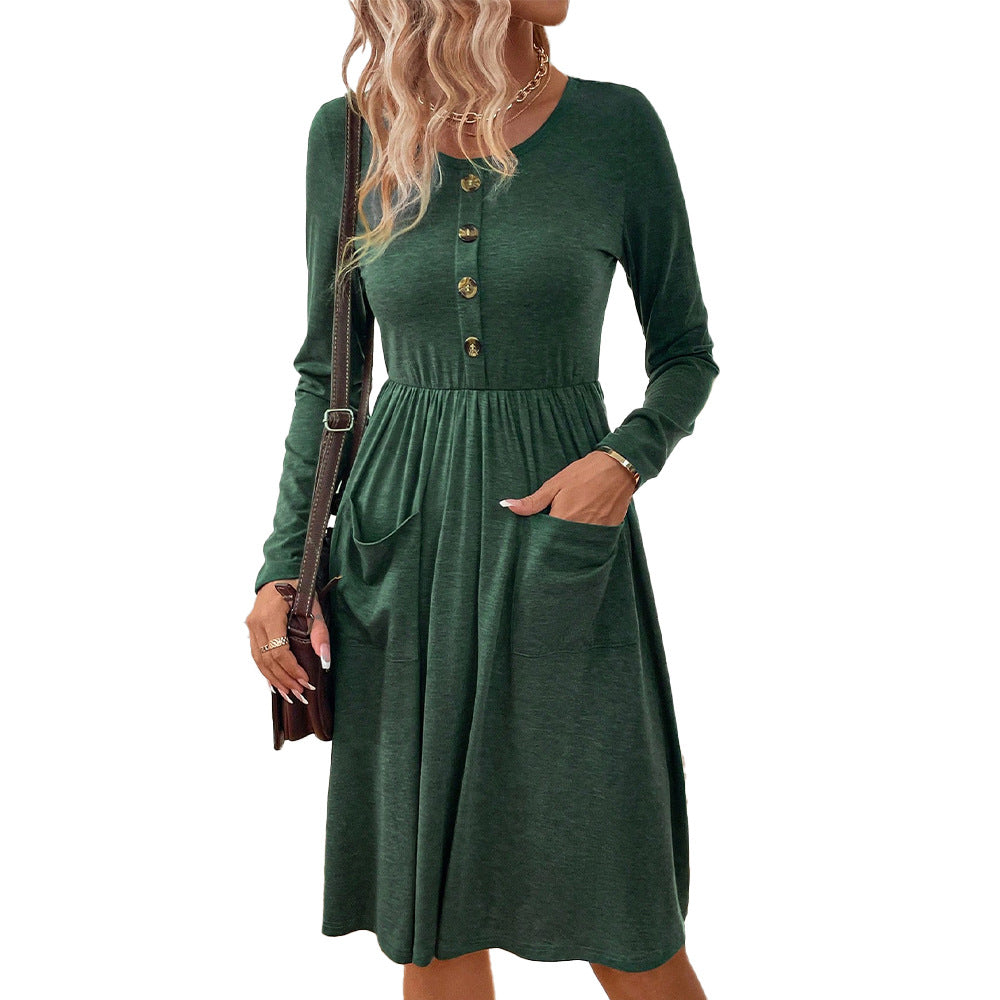 Women's midi dress with button placket and practical pockets, size
