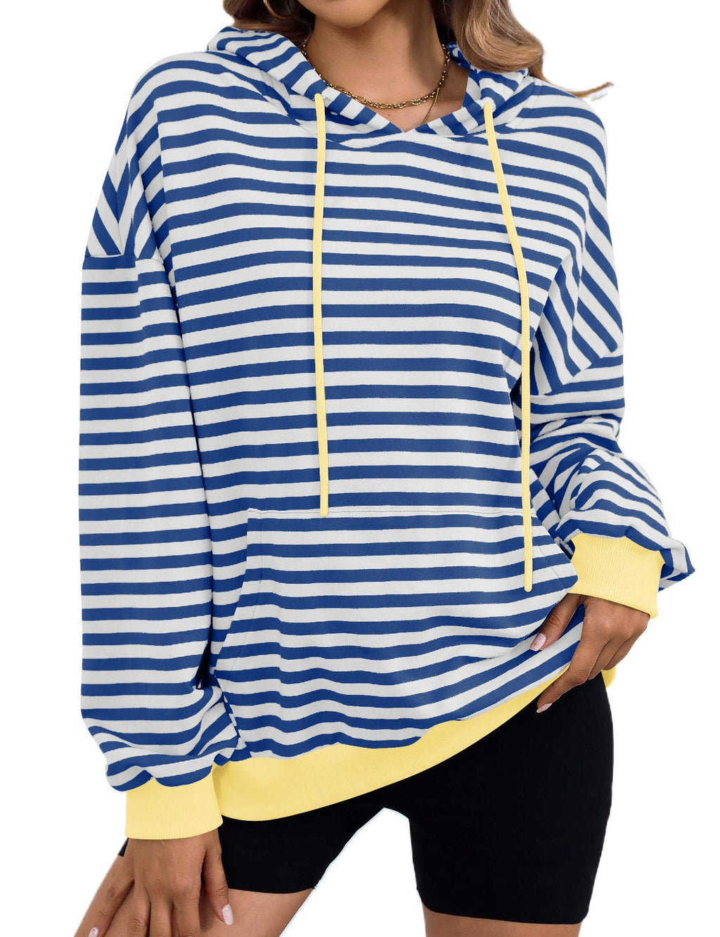 Damen gestreifter Kapuzenpullover mit stylischer Kängurutasche GR