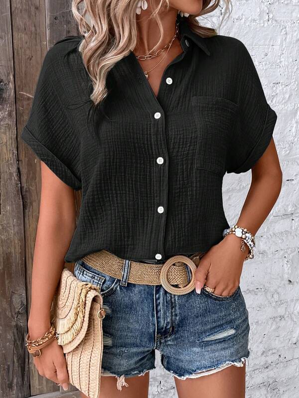 Women's casual short-sleeved shirt blouse in textured fabric, size GR
