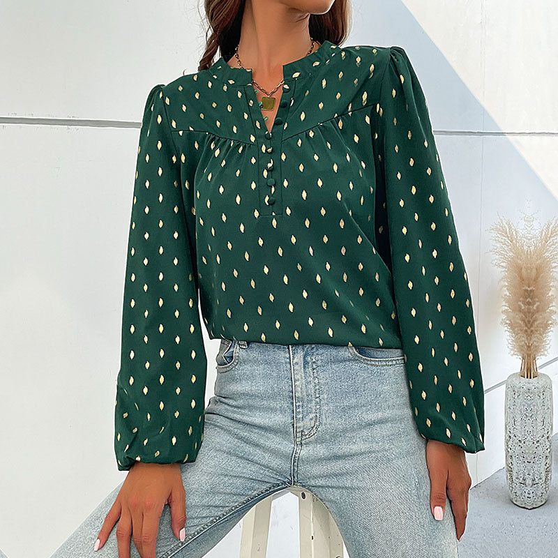Women's blouse with decorative buttons and elegant ruching, size