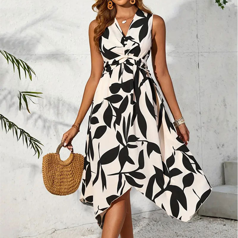 Women's asymmetrical dress with botanical print, size