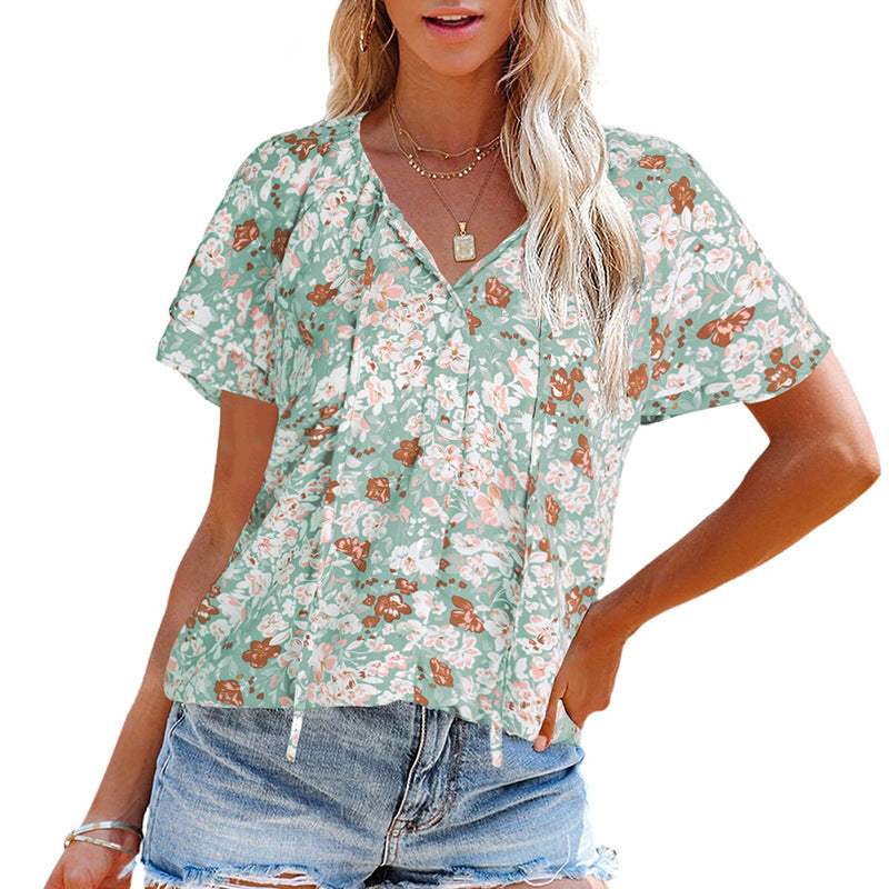 Damen luftige Bluse mit floralem Muster und dekorativen Knopfdetails GR