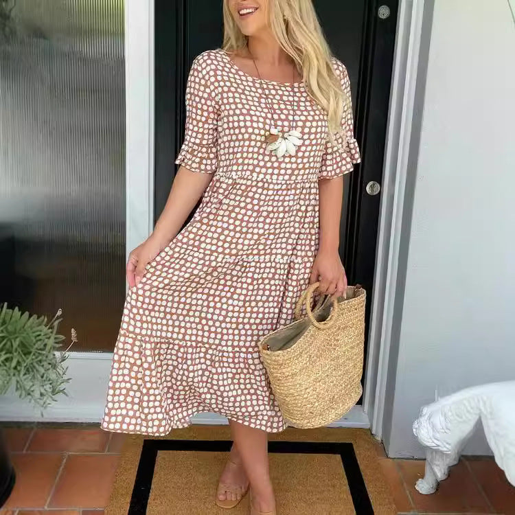 GR | Sommer Rundhals Bedrucktes Kurzarmkleid