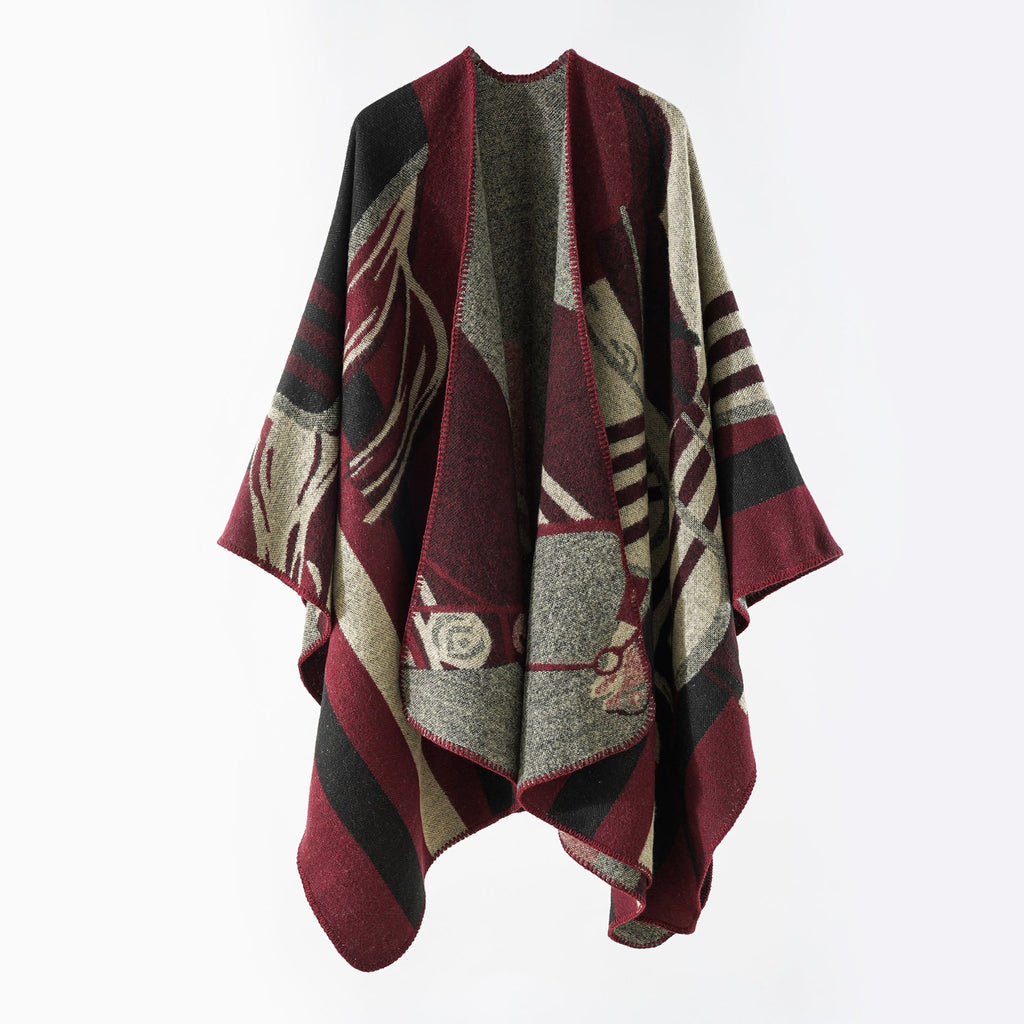Women's elegant knitted poncho with artistic pattern and fine fringe, size GR