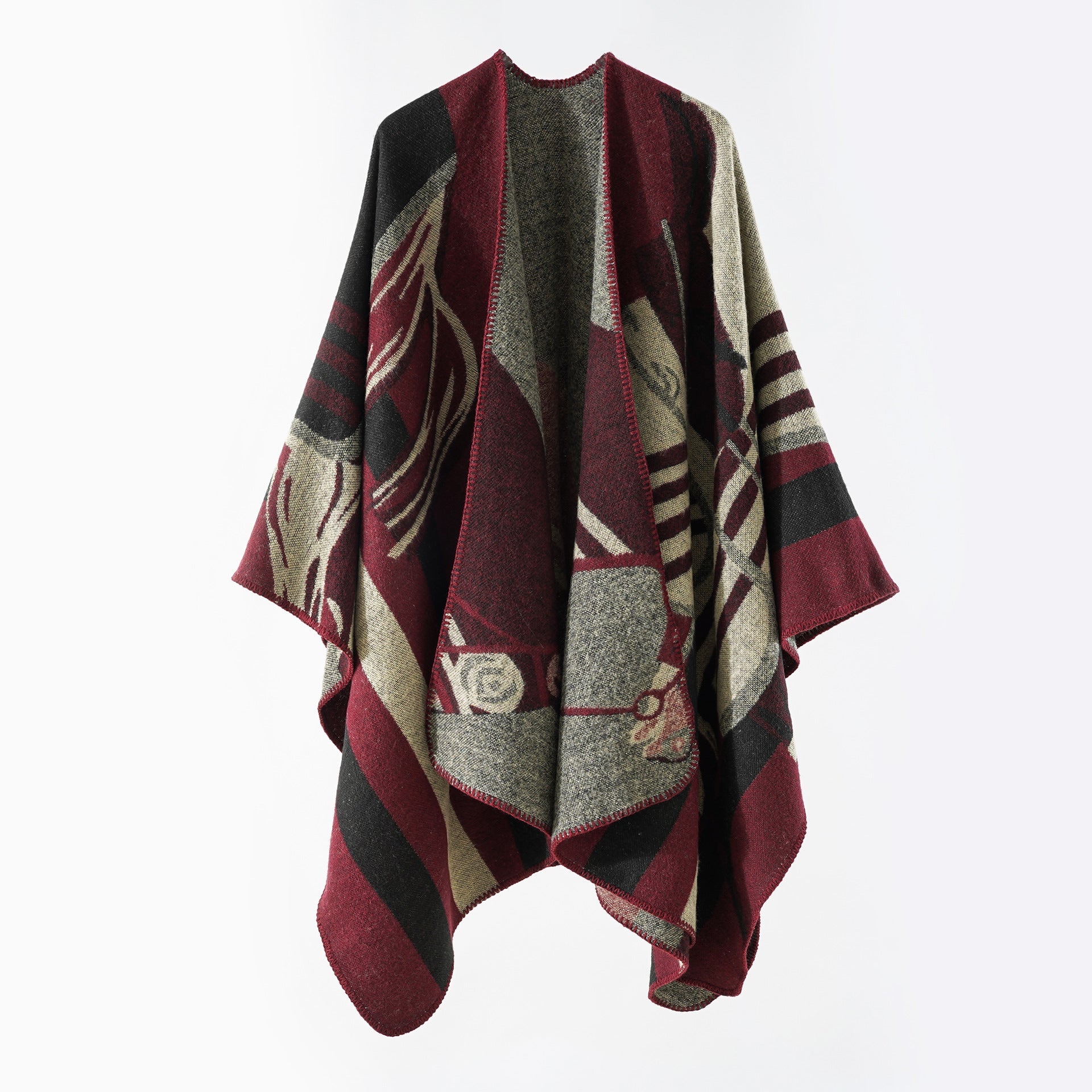 Women's elegant knitted poncho with artistic pattern and fine fringe, size GR