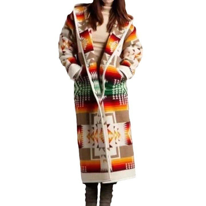 Damen Lange Strickjacke im bunten Ethno-Design und modernem Schnitt GR