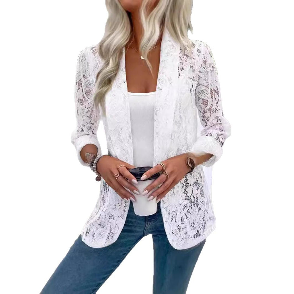 Damen leichte Spitzenjacke mit lässigem Schnitt und offene Front GR