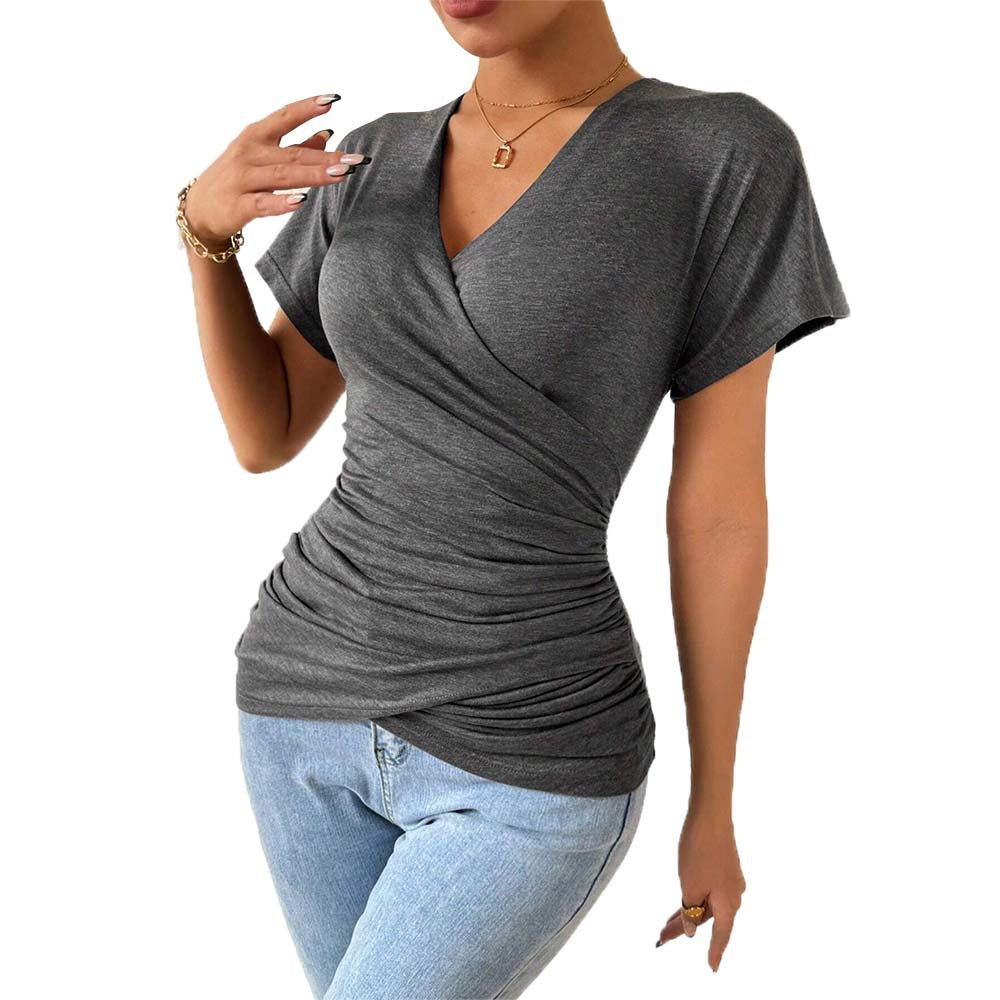 Women's wrap top with sophisticated ruching details, size S
