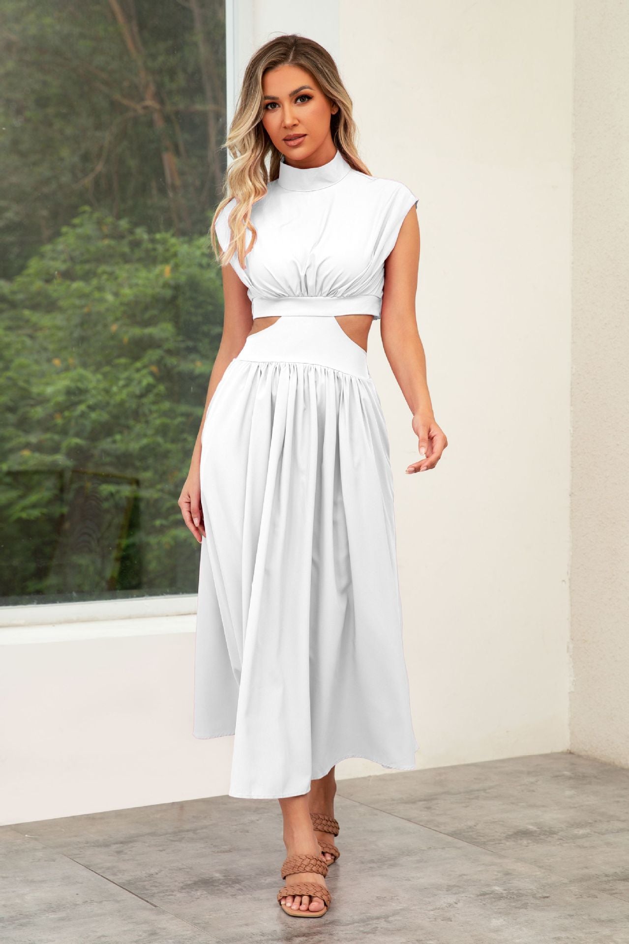 Women's cut-out summer dress with high collar, size