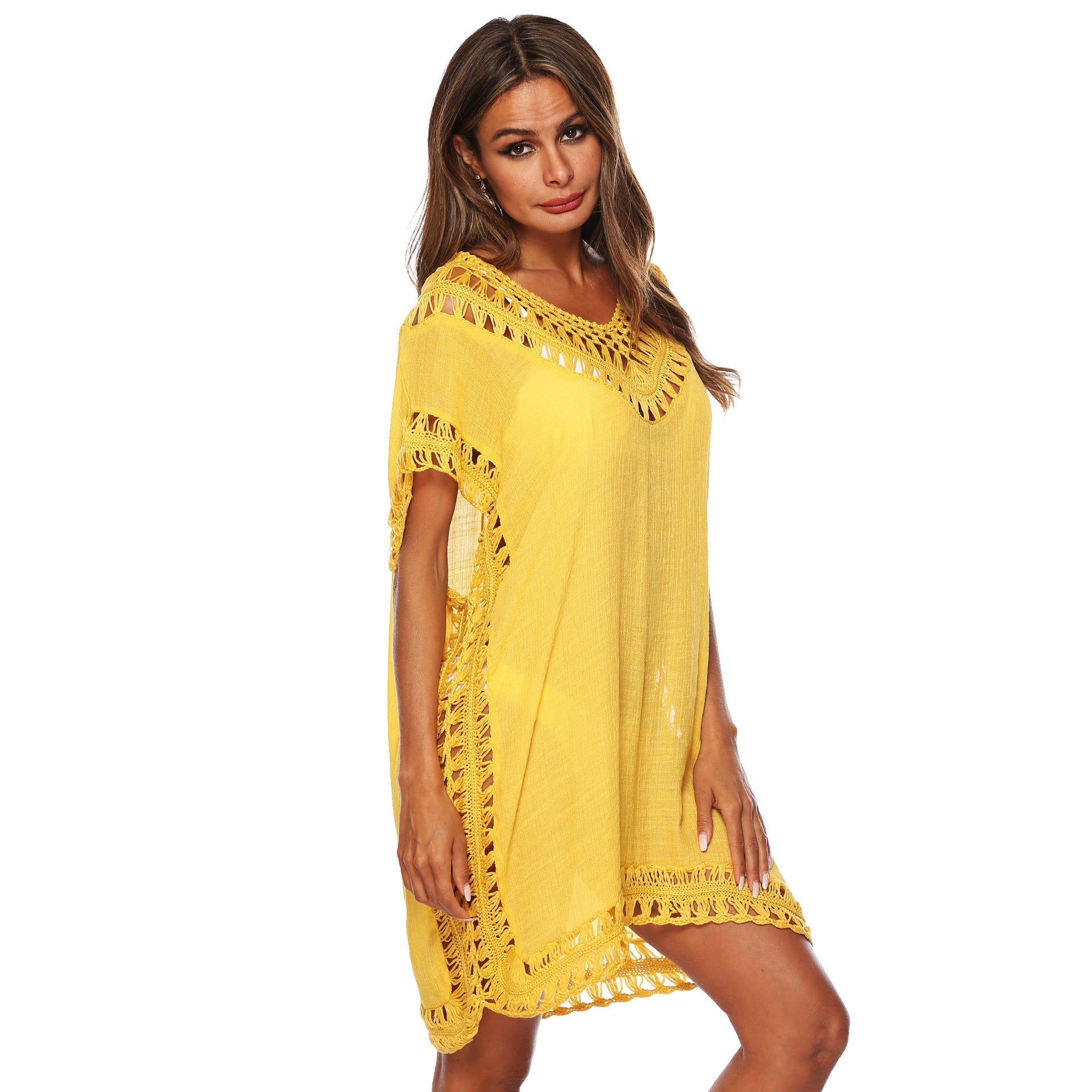 Women's beach tunic with artistic crochet embellishments, size GR