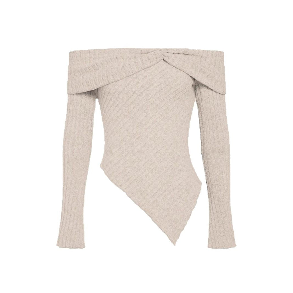 Women's off-the-shoulder ribbed knit top with asymmetrical hem and decorative details, size GR
