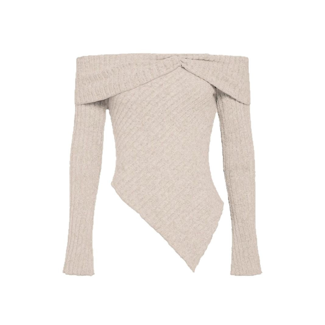 Women's off-the-shoulder ribbed knit top with asymmetrical hem and decorative details, size GR