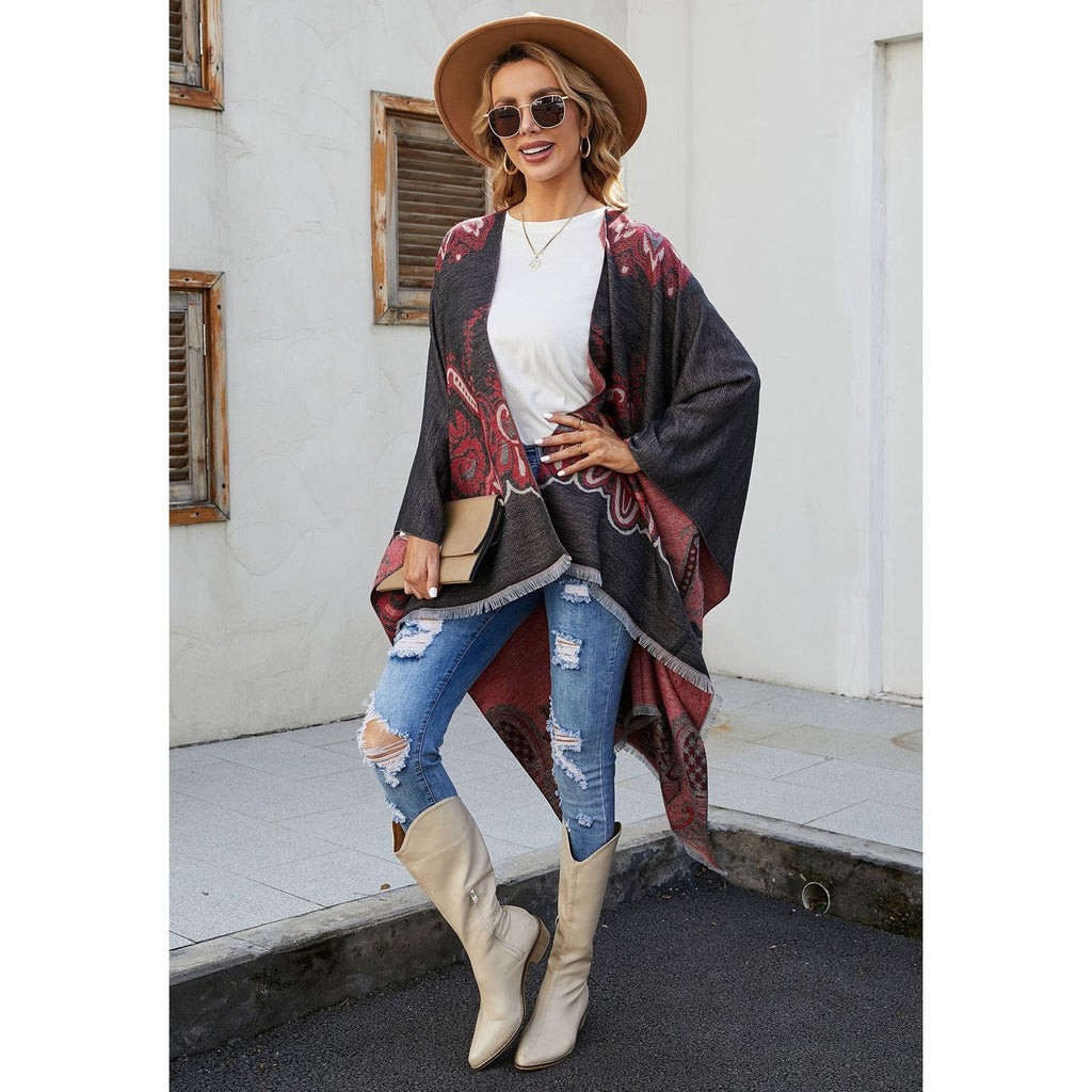 Women's Elegant Kimono Poncho with Artful Pattern and Fringed Edges GR