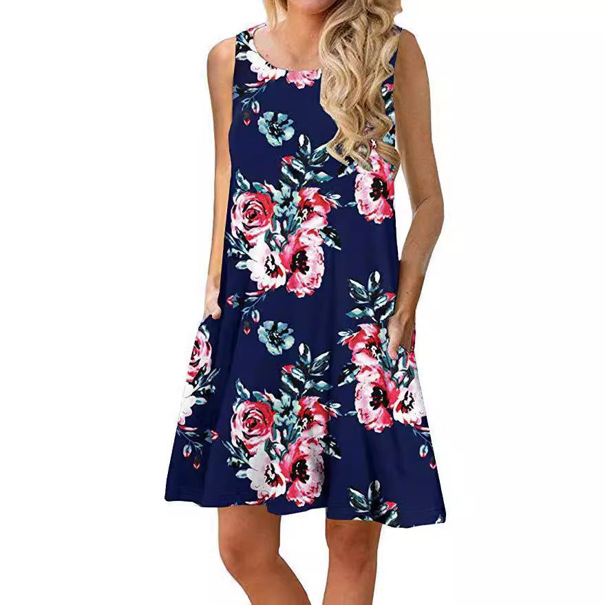 Women's sleeveless floral mini dress with practical side pockets, size