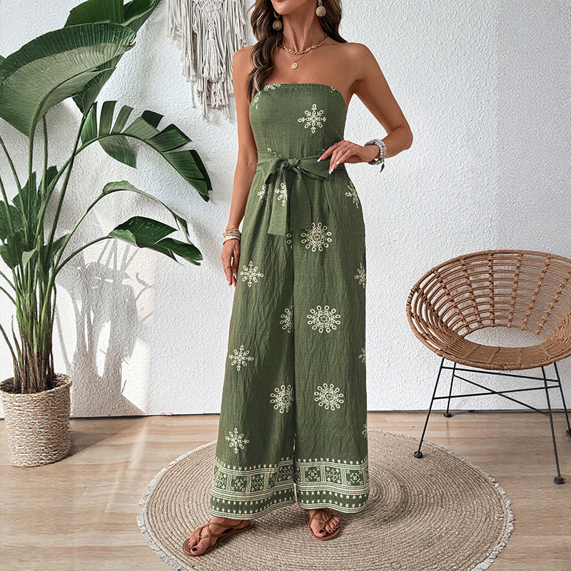 Women's jumpsuit with off-the-shoulder design and elegant tie belt, size
