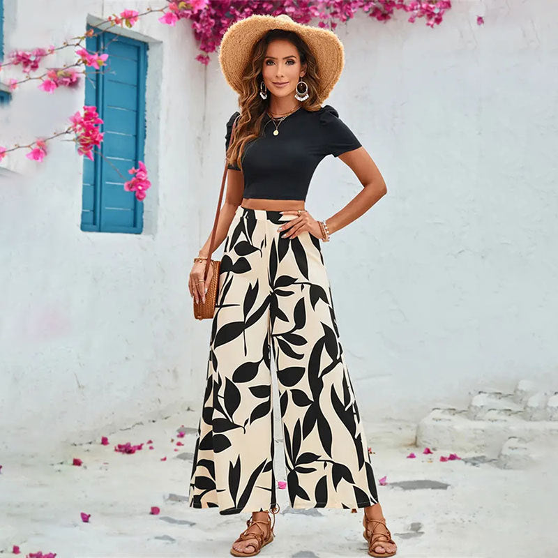Women's Elegant Wide Leg Trousers with Floral Pattern Size