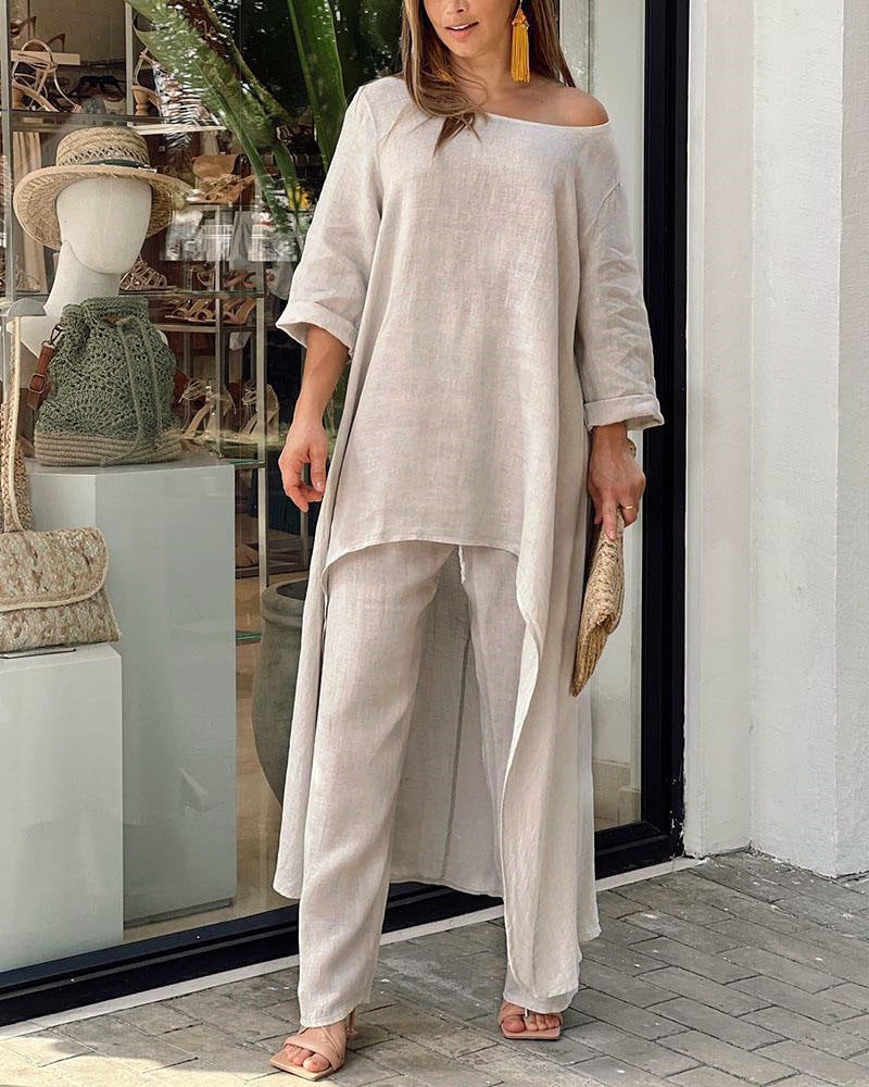 GR | Irregular cotton-linen wide leg two-piece set 