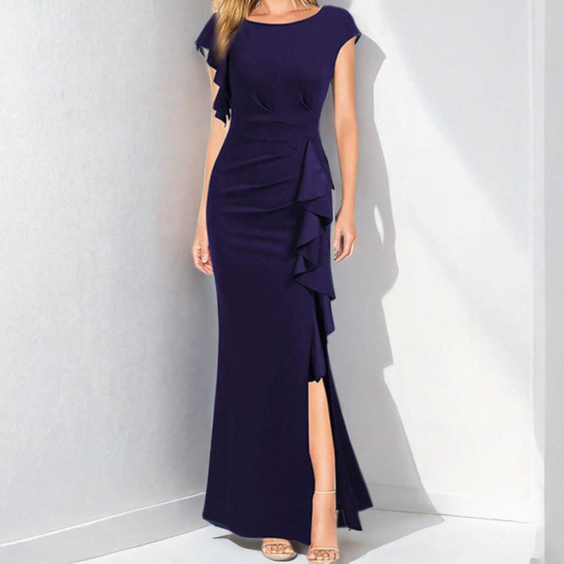 Women's sheath dress with asymmetrical ruffles and high slit, size [size]