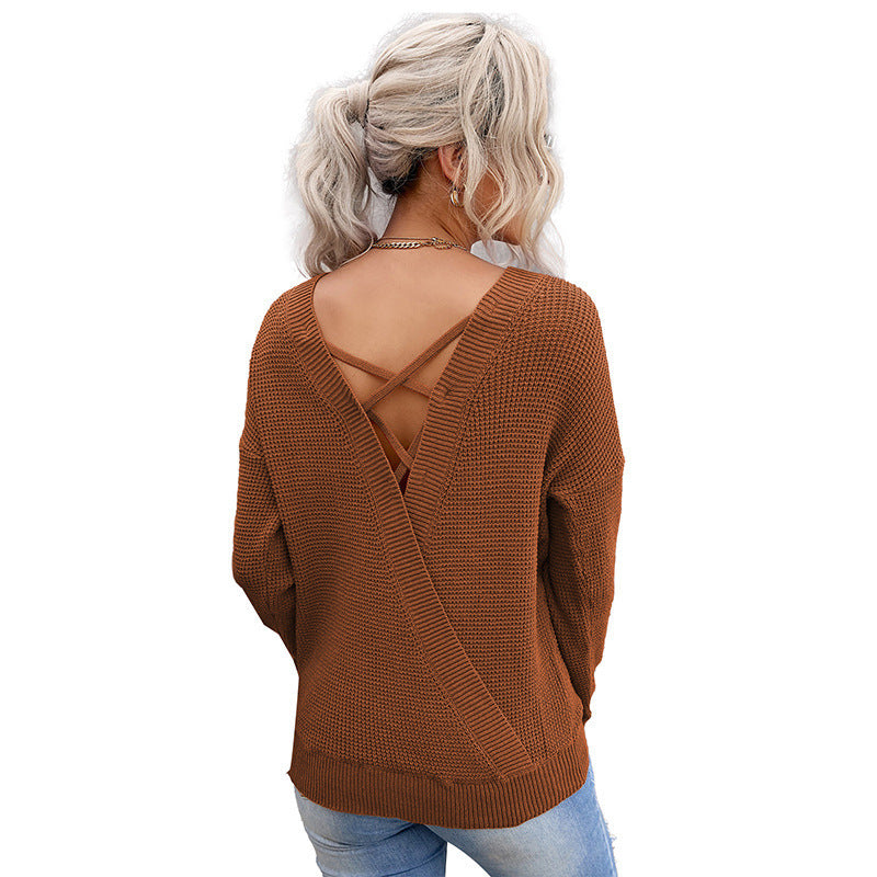 Women's casual knit sweater with open back design, size