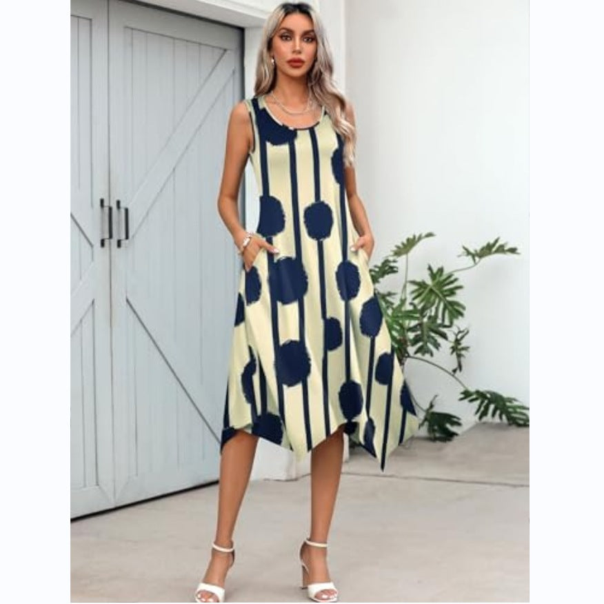 Damen asymmetrisches Freizeitkleid mit modernem Muster und fließendem Schnitt GR