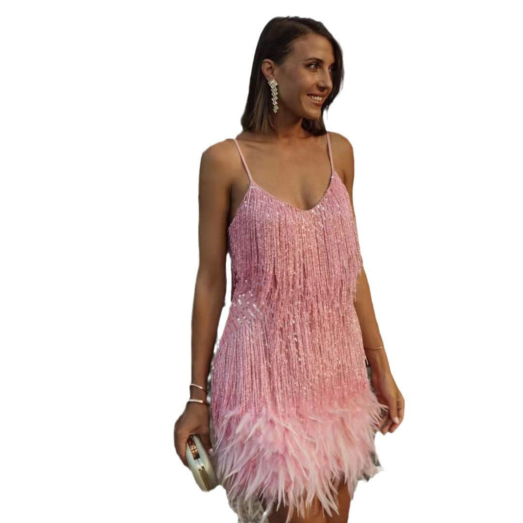 Women's Glittering Short Dress with Feathers and Sparkling Sequins, Size