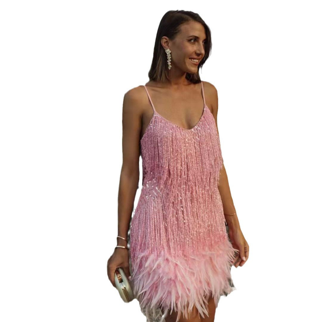 Women's Glittering Short Dress with Feathers and Sparkling Sequins, Size