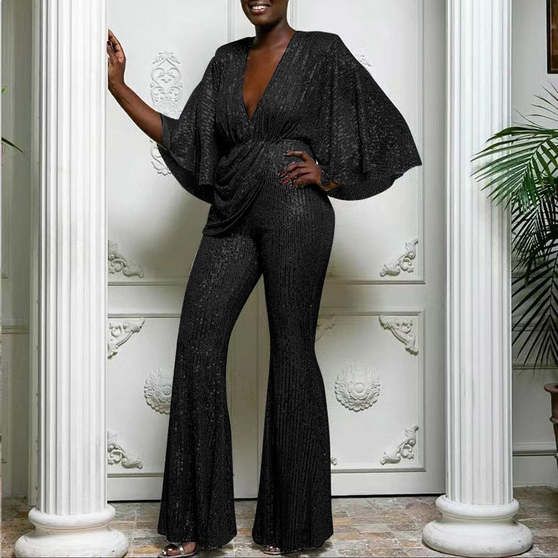 GR | Sequin Deep V Backless Long Pants Jumpsuit