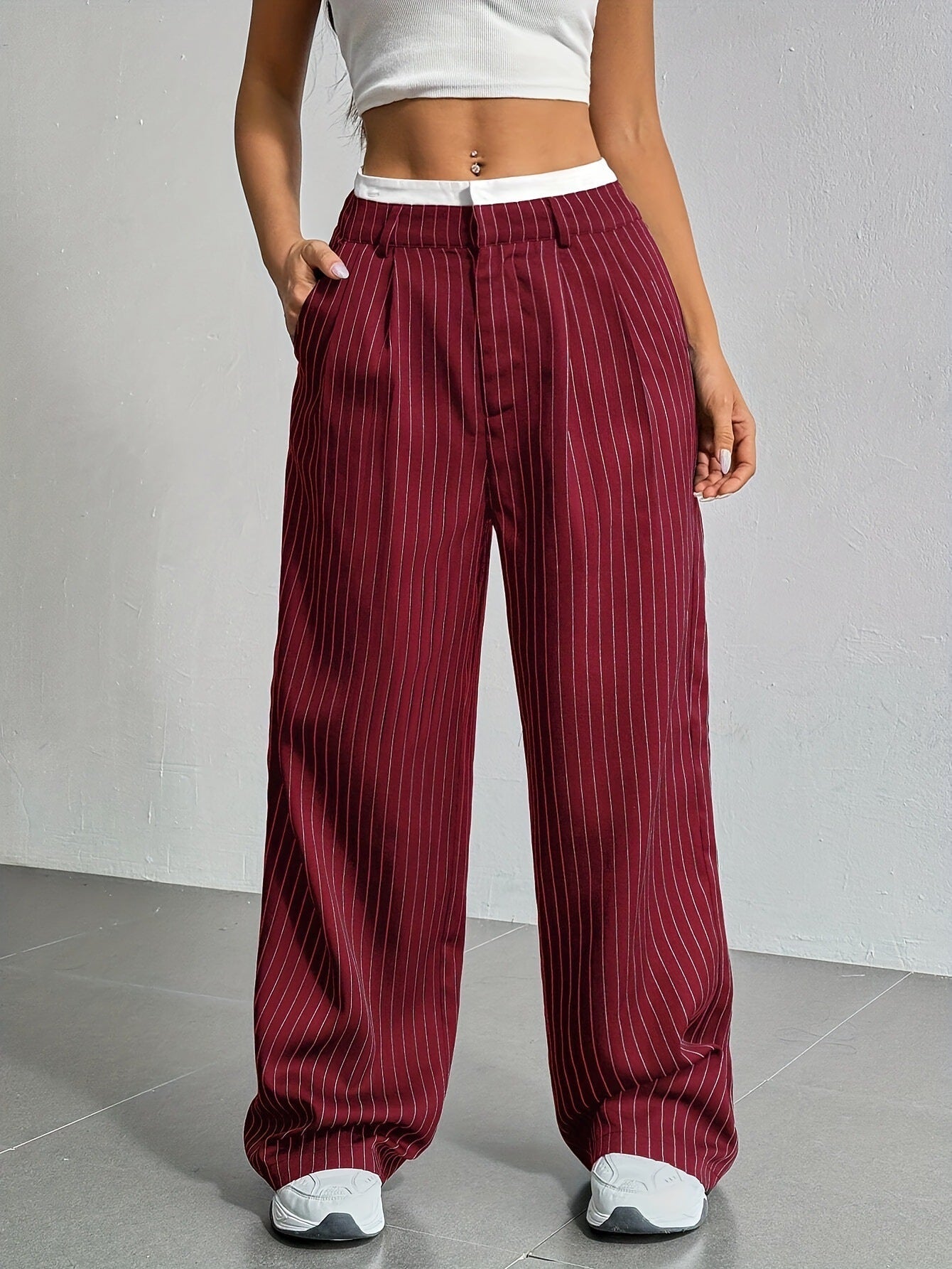 Women's Elegant Wide-Leg Pinstripe High-Waisted Trousers, Size